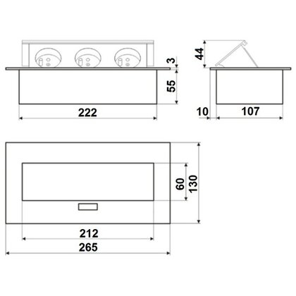 Stolová vyklápacia 3- zásuvka s káblom 230V,  225x110 mm